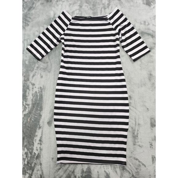 Finejo Striped Off Shoulder Square Neck Striped Bodycon Dress XL Black White - Picture 1 of 10